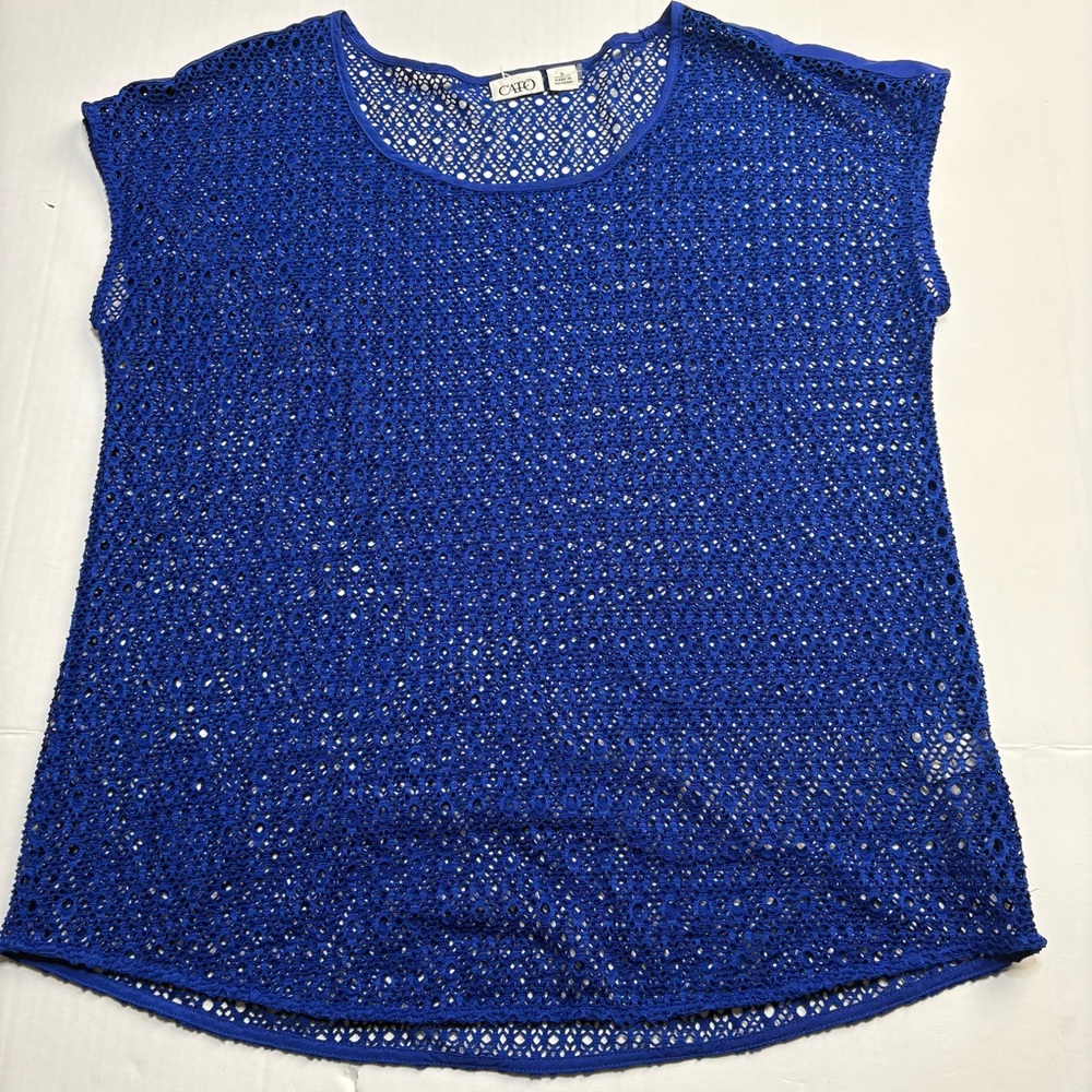 Cato Women Small Shirt Bright Blue Mesh See Thru Sleeveless Woven Poly Spandex